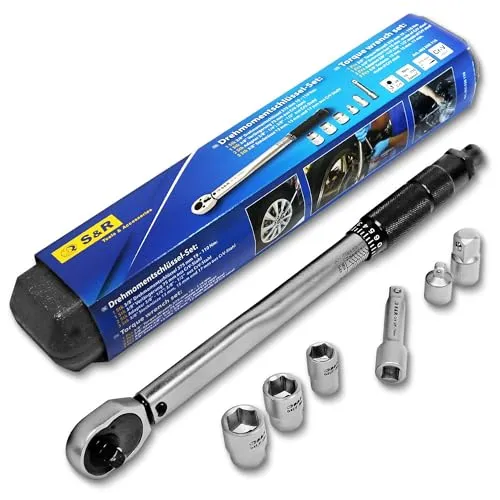 S&R Drehmomentschlüssel 3/8" 19-110 Nm - Schlüssel mit einstellbarem Drehmoment von 19 bis 110 Nm, ideal für präzise Arbeiten an Fahrrad und Motorrad, gefertigt aus robustem Chrom-Vanadium-Stahl.