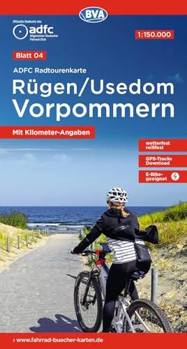 BVA ADFC Radtourenkarte Rügen/Usedom Vorpommern 1:150.000: reiß- und wetterfest, E-Bike geeignet, GPS-Tracks Download, mit Kilometer-Angaben