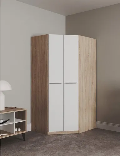 priess Eckkleiderschrank Barcelona - Platzwunder für Ecken - Eckkleiderschrank in modernem Design, ideal für kleine Räume. Bietet viel Stauraum mit Böden und Kleiderstangen, pflegeleichte Oberfläche und optionale Kranzbeleuchtung.