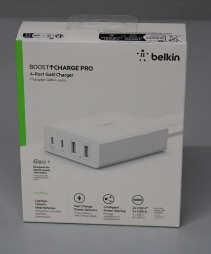 Belkin 108-W GaN USB-Ladestation - Schnelles Ladegerät mit 2x USB-C und 2x USB-A, ideal für MacBook, iPhone und iPad, lädt bis zu 4 Geräte effizient und sicher