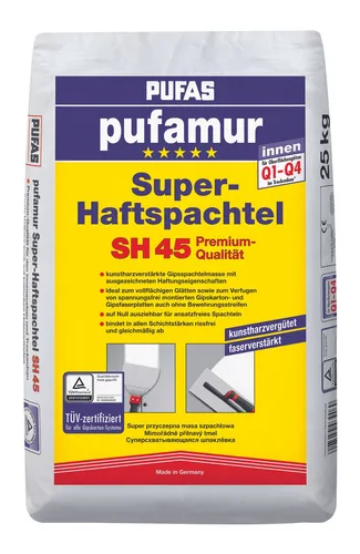 PUFAS Pufamur Super-Haftspachtel SH 45 - 25kg Sack - Baumaterial, kunstharzvergütet und faser-verstärkt für perfekte Haftung an Gipskartonsystemen, ideal für ansatzfreies Spachteln und schnelle Verarbeitung.