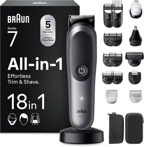 Braun All-in-One Trimmer-Set 7, 18-in-1 Multigroom - Sets & Kits für die Ganzkörperpflege mit 14 Längeneinstellungen, ultrascharfer ProBlade-Klinge und 120 Min Akku-Laufzeit für müheloses Styling und maximale Präzision.