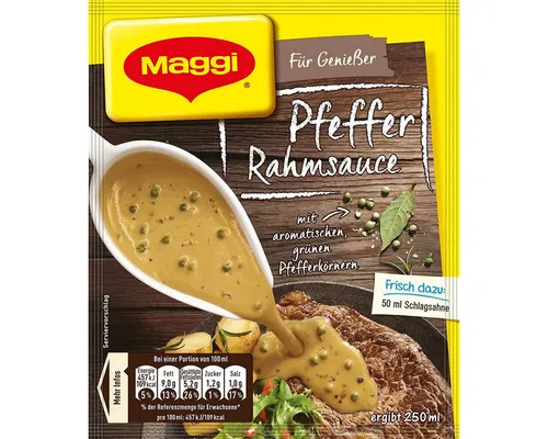 MAGGI Für Genießer Pfeffer Rahmsauce mit ganzen Pfefferkörnern 28g - Verfeinern Sie Ihre Gerichte mit der würzigen Pfeffer Rahmsauce. Ideal für Marinaden und Grillsoßen, sorgt sie für ein besonderes Geschmackserlebnis.