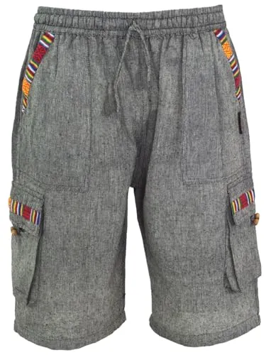 GURU SHOP Ethno Yogashorts - Steingrau, Herren, Baumwolle, Size:S - Herren-Shorts aus leichter Baumwolle mit elastischem Bund und Kordelzug, ideal für Partys und unterwegs. Viel Stauraum durch Taschen für ein praktisches Tragegefühl.
