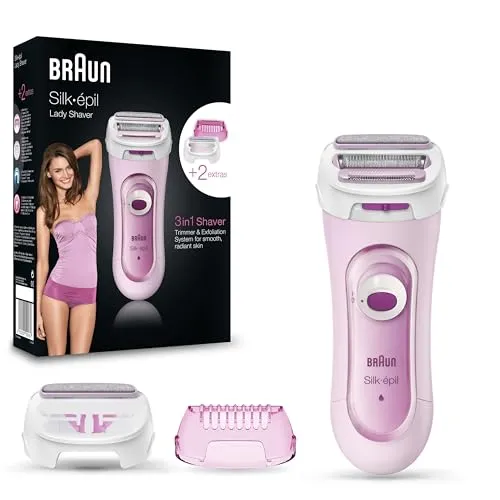 Braun Silk-épil Lady Shaver, Damenrasierer elektrisch, 3-in-1 Elektrischer Rasierer, Trimmer- und Peeling-System, kabelgebunden, Wet&Dry, 5360, pink