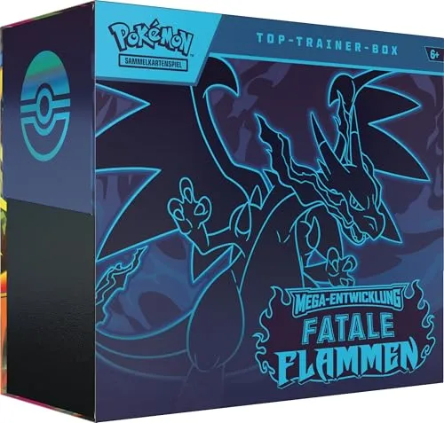POKÉMON 12483 ME02 Fatale Flammen Top-Trainer-Box - Sammelkarten - Enthält 9 Boosterpacks, 1 holografische Promokarte und alles für epische Duelle im Pokémon-Sammelkartenspiel!
