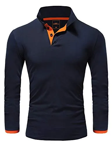 Amaci&Sons Herren Poloshirt Basic Kontrast Langarm Polohemd Shirt 5201 Navyblau/Orange 3XL