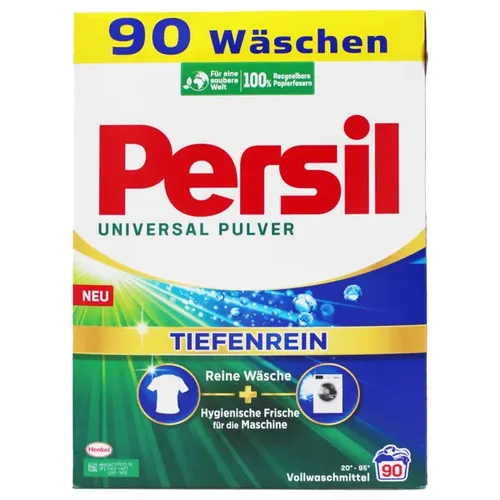 Persil Universal Pulver - 90 Waschladungen - Waschmittel für strahlende Reinheit und kraftvolle Fleckentfernung, ideal für weiße und helle Wäsche, energieeffektiv ab 20 °C und umweltfreundlich verpackt.
