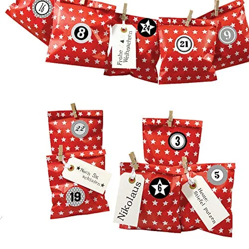 Frau WunderVoll® DIY ADVENTSKALENDER BESCHERUNG zum Befüllen, rot Stern, Ziffern grau, Papiertueten flach 13x16,5cm / Weihnachten, Papiertüten, Kinder, Zahlen, Geschenkbeutel, Aufkleber