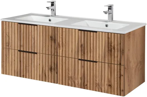 welltime Doppelwaschtisch Trento - 120 cm, Wotaneiche mit Rillenfront - Waschtisch in modernem Design mit 2 Doppel-Waschbecken. Ideal für stilvolle Badezimmergestaltung und einfache Selbstmontage.