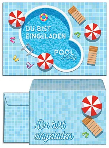 JuNa-Experten 12 Einladungskarten zum Kindergeburtstag Schwimmbad Party – Pool Party Einladungen für Mädchen und Jungen, inkl. 12 Umschläge, Geburtstagseinladungen