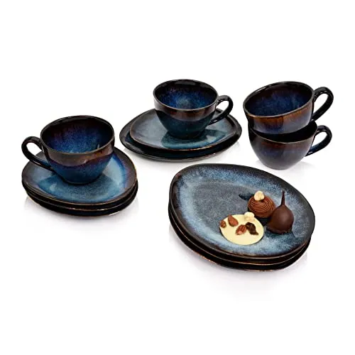 Sänger Kaffeeservice Tokio 12 tlg - Handgemachtes Geschirrset für 4 Personen - Kaffeeservice aus hochwertigem Steinzeug mit einzigartigem blauschwarzen Design und braunen Akzenten. Spülmaschinen- und mikrowellengeeignet für höchsten Komfort.