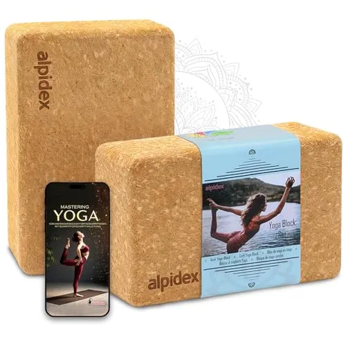 ALPIDEX Yogablock Set aus Naturkork – 2 Stück mit E-Book - Nachhaltige Korkblöcke für Yoga und Pilates, rutschfest und pflegeleicht. Inklusive E-Book mit 100 Übungen für mehr Balance und Flexibilität.