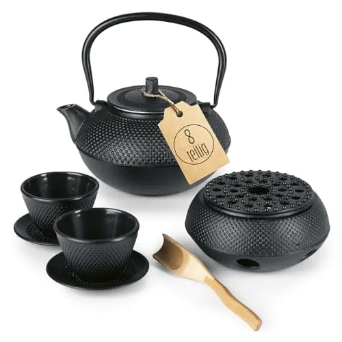 Lumaland 8-teiliges Tee Set mit gusseiserner Teekanne - Edles Teeset mit 1,4 Liter gusseiserner Teekanne, Stövchen, 2 Teebecher und mehr. Perfekt für authentischen Teegenuss und stilvolle Präsentation.