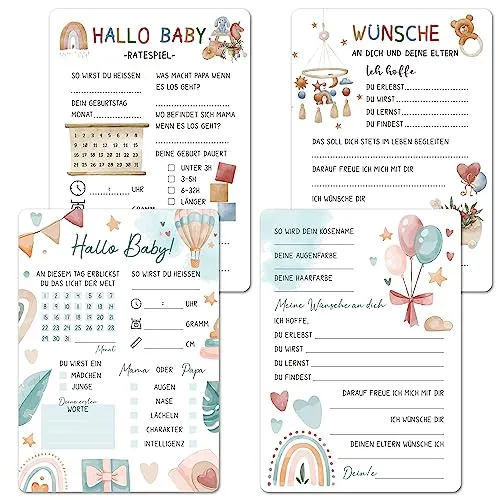 BIROYAL Babyparty Spiele, 24x Babyparty Karten zum Ausfüllen - A6 Babyshowerparty Spiele Karten für Gender Reveal Party - Babyshower Spiele für Jungen und Mädchen - Beidseitig Bedruckt