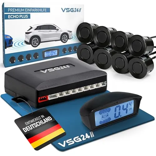 VSG24 Premium Kombi Einparkhilfe - PDC Parksensoren mit Display für sicheres Einparken, 8 Sensoren für vorne und hinten, einfache Montage und akustische Warnung