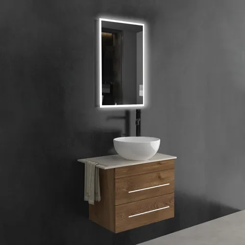 Alpenberger Badmöbel Set 60 cm mit Spiegel und Keramik Waschbecken - Modernes Badmöbel Set für Gäste-WCs: Platzsparender Unterschrank mit hochwertigem Keramik Waschbecken (Ø 36 cm) und LED Spiegel. Ideal für kleine Räume und bietet praktischen Komfort mit integrierter Handtuchhalterung.