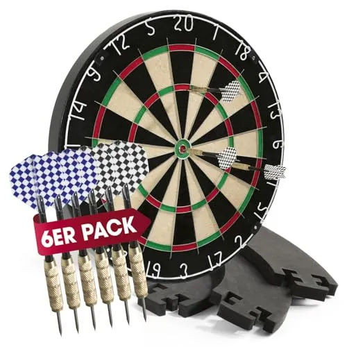 DoYourDart Dartscheibe Dartscheibe, 6 Dartpfeile – Steeldart inkl. Flight, Dart Komplett-Set, Sisal Dartscheibe mit Dart-Surround, Schwarz -mit Dart-Surround