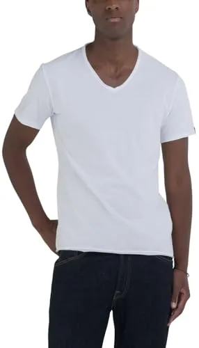 Replay Herren T-Shirt Kurzarm V-Ausschnitt Weiß (White 001) Größe L - T-Shirt für Herren aus hochwertigem BASIC JERSEY 30/1, bequem und stylisch für den Alltag.