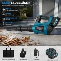 Hochleistungs Akku-Laubbläser 21V mit Turbo-Funktion - Effizienter Akku-Laubbläser mit bürstenlosem Motor und 5 Geschwindigkeitsstufen für kraftvolle Reinigung im Garten. Inklusive 2 leistungsstarker 21V Akkus und ergonomischem Schultergurt für maximalen Komfort.