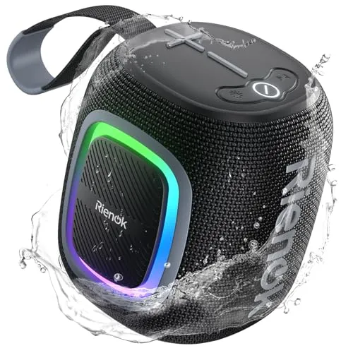 RIENOK Bluetooth Lautsprecher Klein mit Licht und FM Radio - Tragbarer Bluetooth-Lautsprecher mit 15 Stunden Spielzeit und wasserdichtem Design. Genießen Sie RGB-Lichteffekte, die im Takt der Musik pulsieren – perfekt für jede Outdoor-Party!