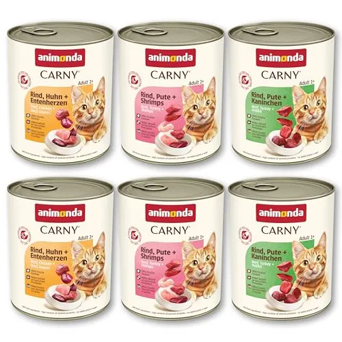 animonda Carny Adult Kräftige Variation (6 x 800 g), Katzennassfutter für ausgewachsene Katzen, Nassfutter mit 100 % frischen, fleischlichen Zutaten, Katzenfutter ohne Getreide und Zucker
