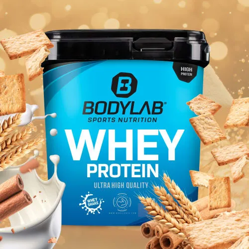 Bodylab24 Whey Protein Pulver - Cinnamon Cereal, 2kg - Molkenproteine mit bis zu 80% Eiweiß, perfekt für Muskelaufbau und Fitness. Ideal nach dem Training, ohne Aspartam und mit hervorragender Löslichkeit in Milch und Wasser.