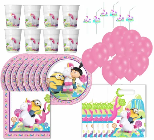 Minions Einhorn Kindergeburtstags Set 73-teilig mit Deko - Perfektes Partyset für Mädchen von 5-12 Jahren! Enthält alles für einen unvergesslichen Kindergeburtstag: Becher, Teller, Geschenktüten und Luftballons mit dem beliebten Minions Einhorn-Motiv.