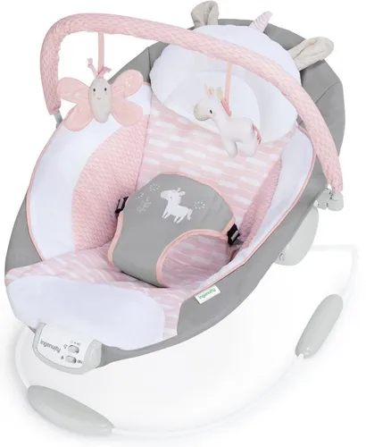 ingenuity Babywippe Soothing Bouncer Flora the Unicorn - Wippen für Babys mit beruhigenden Vibrationen und 8 Melodien, ideal für entspannte Momente ab der Geburt, max. Tragkraft 9 kg.