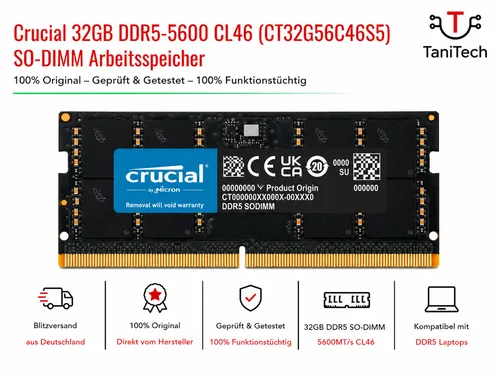 Crucial RAM 32GB DDR5 5600MHz - Hochleistungs Laptop Arbeitsspeicher, ideal für Gaming und Multitasking mit Unterstützung für Intel und AMD