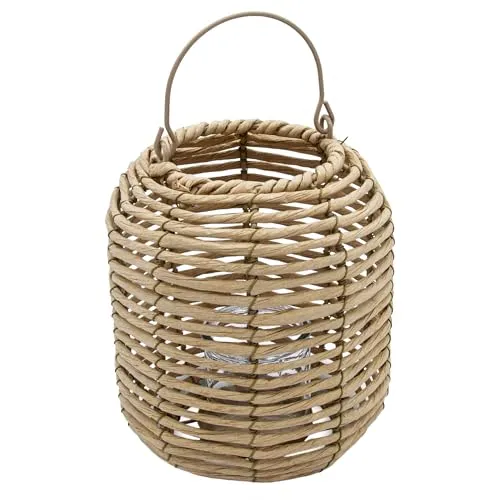 Rattan Windlicht Natur mit Kerzenglas - 23 x 19 cm - Bast Laterne mit Bügel zum Hängen - Korbgeflecht Tischlaterne Boho Chic Deko Kerzenhalter Teelichthalter für Innen und Außen mit Tragegriff
