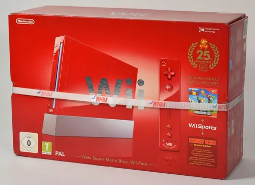 Nintendo Wii Konsole Rot - New Super Mario Bros. Wii Edition - Konsolen-Bundle mit roter Wii-Konsole, Wii-Fernbedienung Plus und Nunchuk. Enthält die Spiele New Super Mario Bros. Wii, Wii Sports und die Original-Version von Donkey Kong für ein unvergessliches Spielerlebnis!