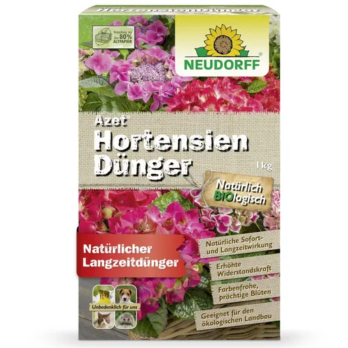 NEUDORFF Azet HortensienDünger 1 kg - Biologischer Dünger für Balkon- und Kübelpflanzen, ideal für die Pflege von Hortensien. Granulat-Form für einfache Anwendung in praktischer Schachtel.