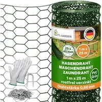 TTL GARDEN Hasendraht Grün 1m x 25m 25x45mm Masche Ø0,66mm PVC Beschichtet Drahtgitter mit 100 Krampen & Handschuhen