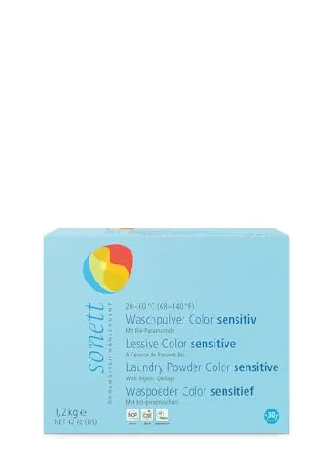 Sonett Waschpulver Color sensitiv 1.2 kg - Waschmittel für Buntes und Feines, hochkonzentriert mit Bio-Panamarindenextrakt für effektive Flecklösekraft, umweltfreundlich und ohne Erdölchemie.