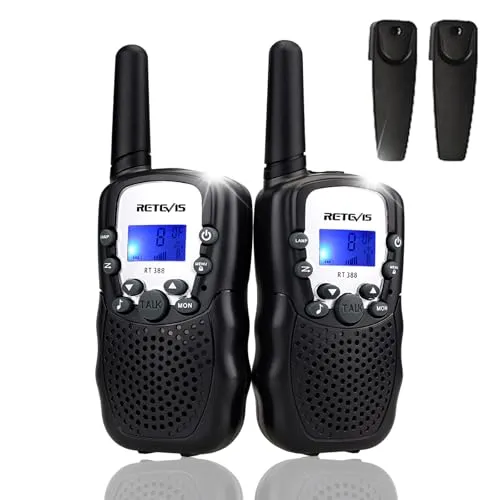 Retevis RT388 Spielzeug 4-12 Jahren Junge, Walkie Talkie Kinder mit Hintergrundbeleuchteter 8 Kanäle VOX Taschenlampe, Funkgerät Geschenke für Weihnachten, Radfahren, Camping (1 Paar, Schwarz)