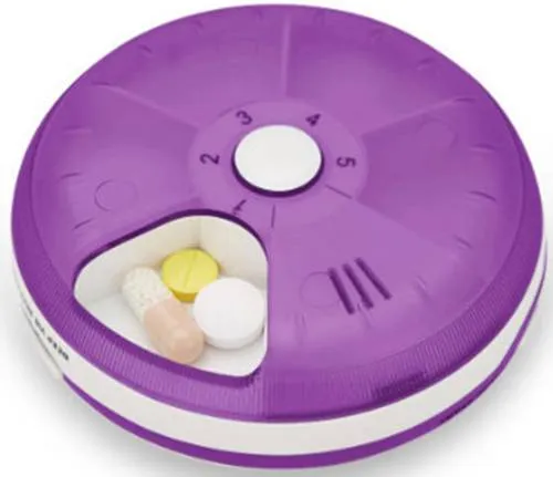 Scala Tablettenbox Vergiss Nix 1 Tag - Persönlicher Tabletten-Organizer mit 5 Fächern und Erinnerungsfunktion durch akustischen und vibrierenden Alarm für eine zuverlässige Medikamenteneinnahme.
