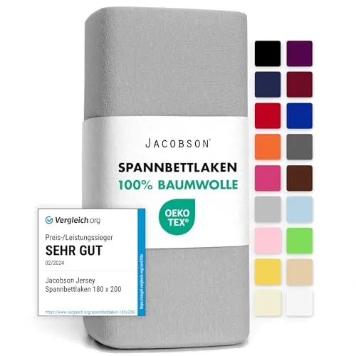 Jacobson Jersey Spannbettlaken Spannbetttuch Baumwolle Bettlaken (120x200-130x200 cm, Grau)