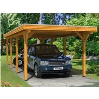 Skan Holz Carport Spessart 355 cm x 846 cm Eiche hell - Robuster Einzelcarport aus leimholz in hellem Eichenstil, ideal für Ihr Fahrzeug. Mit stabilen 12 cm x 12 cm Pfosten und schneelastbeständigem Dach für maximale Sicherheit und Langlebigkeit.