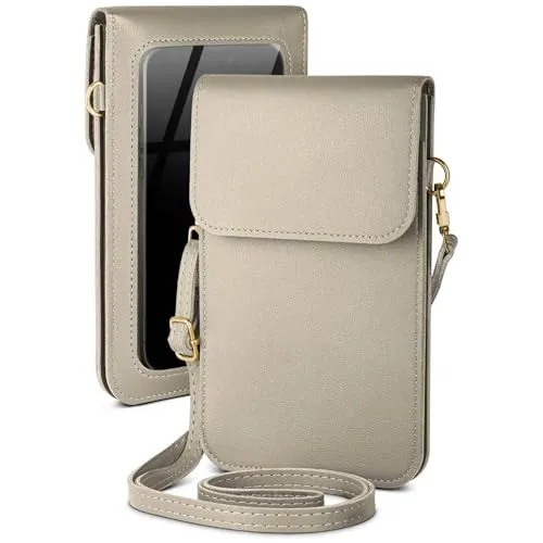 moex Handytasche zum Umhängen für Samsung Galaxy A70 – Kleine Handtasche mit Handyfach und Sichtfenster, 2 zusätzliche Fächer - Handy Umhängetasche Damen, Silbergrau