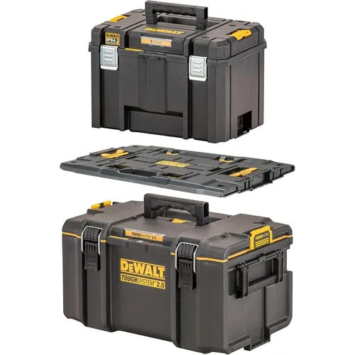 DEWALT ToughSystem Adapter-Bundle mit TSTAK Boxen - Praktisches Werkzeugbox-Set: IP65 und IP54 Schutz, stapelbar und verriegelbar, vielseitige Kombinationsmöglichkeiten für eine sichere und platzsparende Aufbewahrung Ihrer Werkzeuge.