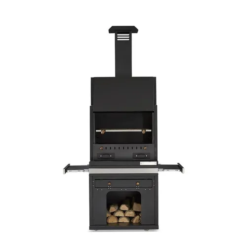 Moderne schwarze Edelstahl Grillkamin für Garten und Terrasse - Freistehender Grillkamin aus Edelstahl, 181 cm hoch, ideal für gesellige Abende im Freien. Mit großzügigem Kochbereich von 40 x 60 cm und 2 Jahren Garantie.