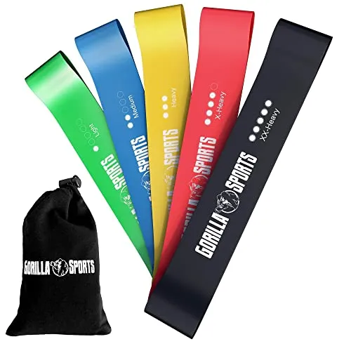 GORILLA SPORTS Trainingsbänder Fitnessbänder 5er Set - Fitnessbänder Set mit 5 verschiedenen Stärken und praktischem Tragebeutel, ideal für flexibles Training überall und effektive Übungen für Arme, Beine und Rumpf.