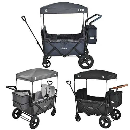 FableKids Bollerwagen Leo X2 Plus - Faltbar, 80kg Traglast, Blau - Handwagen mit zwei Sitzen, 5-Punkt-Sicherheitsgurten und flexiblem Dachsystem. Ideal für sichere Transportlösungen beim Einkaufen oder Camping.