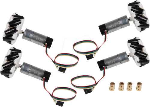COM-MOTOR06 - Omni Wheels-Kit mit Motoren und Encodern - Mechanik: Komplettes Omni-Wheel-Kit mit 4 Allseitenrädern und Motoren, ermöglicht mühelose Bewegung in jede Richtung ohne Chassisausrichtung.