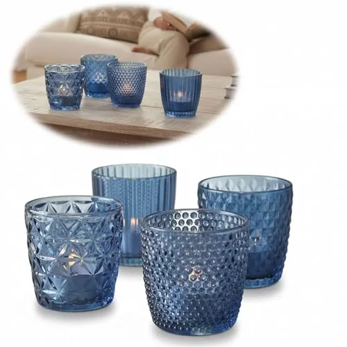 LS-LebenStil 4X Glas Teelichthalter Retro Blau 7cm 4´er Set Kristall Ornament Teelicht-Gläser Windlicht-Halter Kerzenständer Tischdeko Kerzen Deko Kerzenhalter für Teelichter Hochzeit