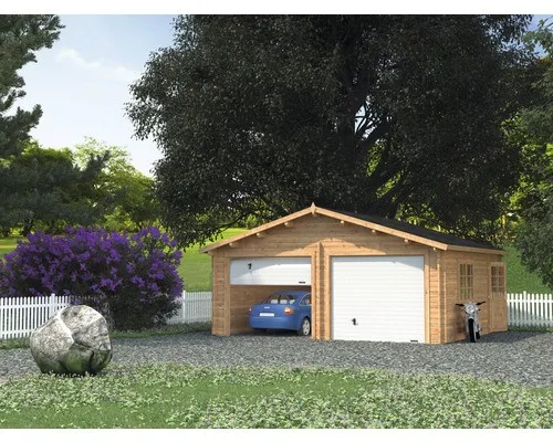 Doppelgarage Palmako Roger 28,4 m² mit Sektionaltoren - Gartenhäuser, Geräteschuppen & Carports - Hochwertige Holzgarage mit Satteldach, ideal für Fahrzeuge und zusätzlichen Stauraum.