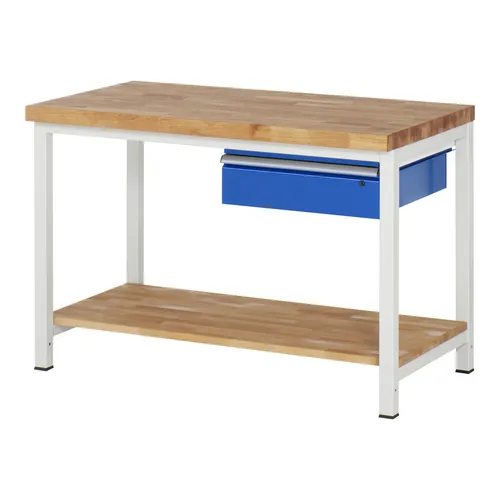 Rau Werkbank höhenverstellbar 8001A7 - Standardwerkbank mit massiver Buche-Arbeitsplatte, höhenverstellbar von 840-1040mm und 1x Schublade für optimalen Stauraum. Ideal für Werkstätten, belastbar bis 1.250 kg.