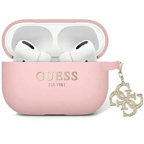 Guess GUAP2LECG4P Hülle für AirPods Pro 2 - Rosa Liquid Silicone mit Glitter und Triangle Charm - Audio-Zubehör: Stylische und schützende Hülle aus flüssigem Silikon mit Glitzer und charmantem Triangle-Design für individuellen Look.