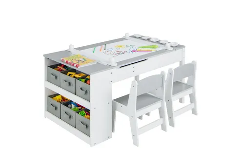 COSTWAY 3-in-1 Kindertisch & Staffelei aus Holz (Grau) - Vielseitiger 3-in-1 Kindertisch für kreative Aktivitäten: als Esstisch, Basteltisch oder Staffelei nutzbar. Mit sicherem, absenkbarem Mechanismus und praktischem Stauraum für Spielzeug und Malutensilien.